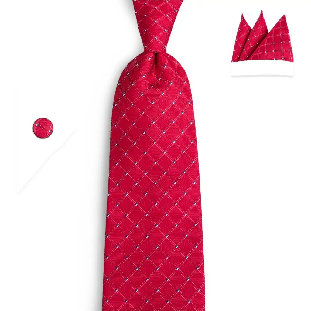 MJ-7131 DiBanGu классический красный плед Для мужчин галстук 100% шелк Галстук, носовой платок, запонки галстук для мужской костюм Бизнес Свадебный