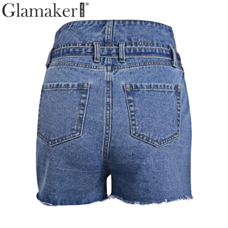 Glamaker пикантные шорты с завышенной талией и карманами синий джинсовые шорты Для женщин на шнуровке ремень джинсы короткие летние Горячая