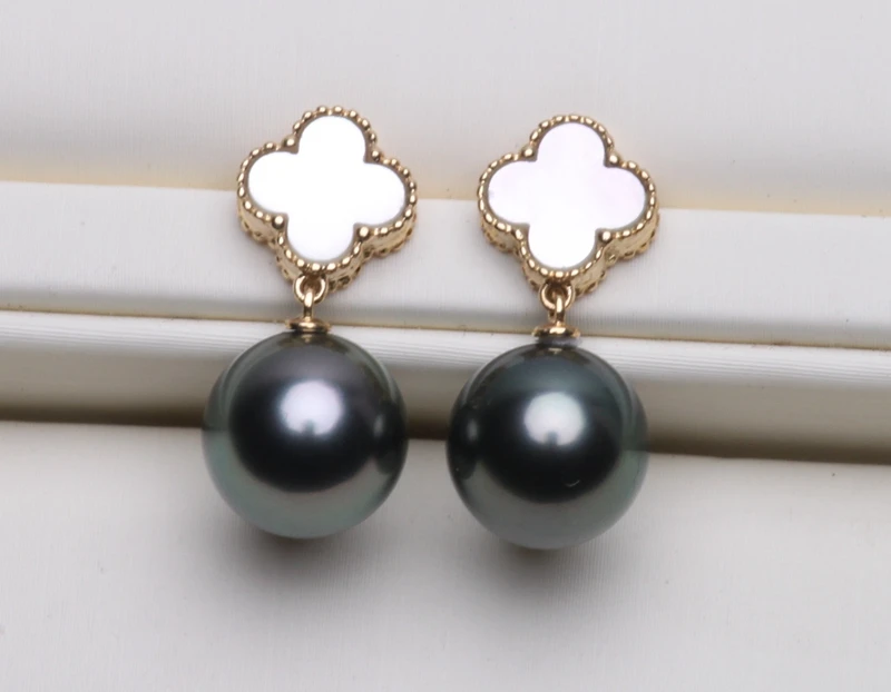 

9-10mm round Tahiti seawater pearl earrings earrings 18K Jin Zhengpin clover