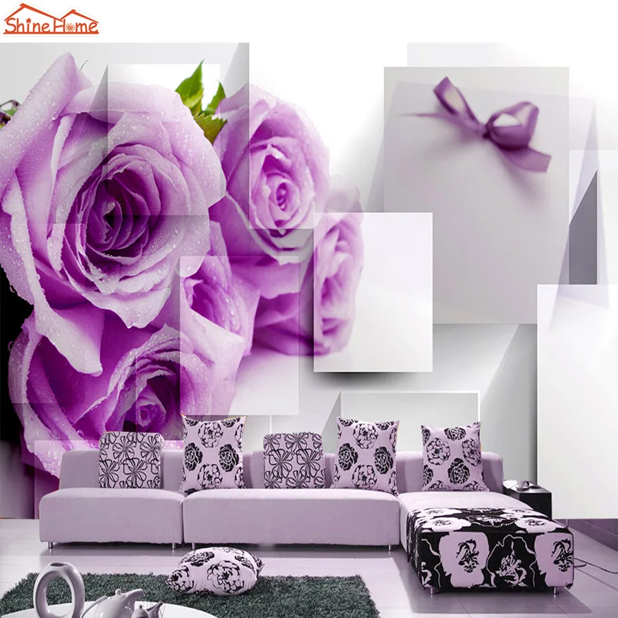 ShineHome Purple Rose Floral Brick Wallpapers Rolls 3d Photo Wallpaper for Walls 3 d Livingroom