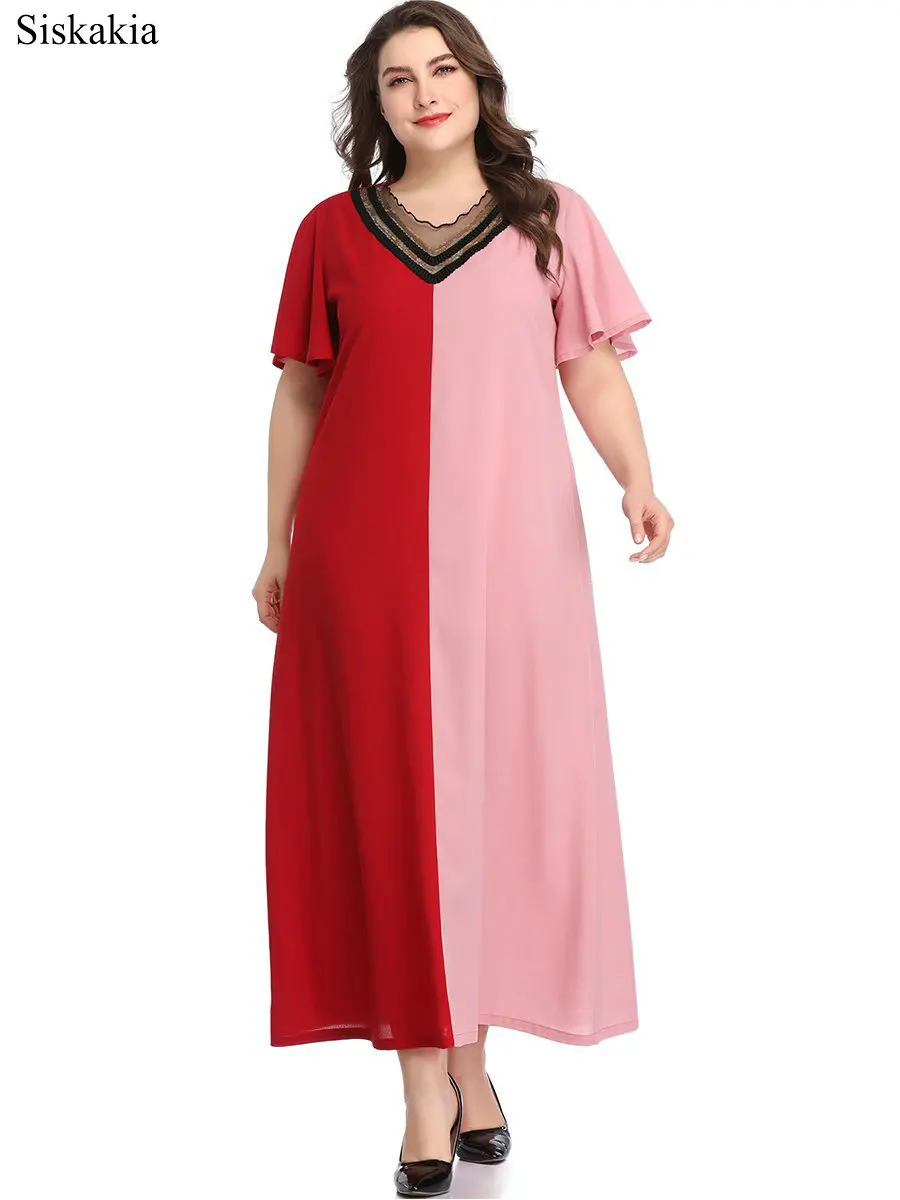 Siskakia Vintage Contrast Color Patchwork Dress For Women Mesh V Neck Flare Sleeve Red Ladies Dresses Plus Size Casual Clothing (3)