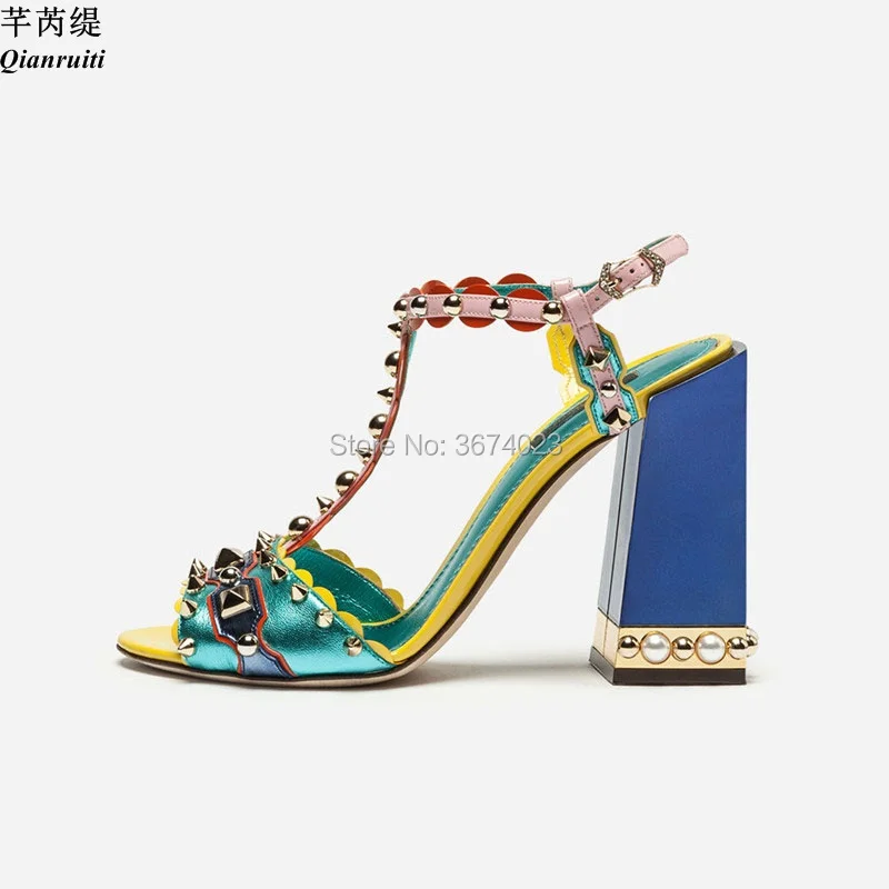 Qianruiti Zapatos Mujer Patchwork Studs Sandals Multicoloured Chunky Heels Open Toe Ankle Strap 