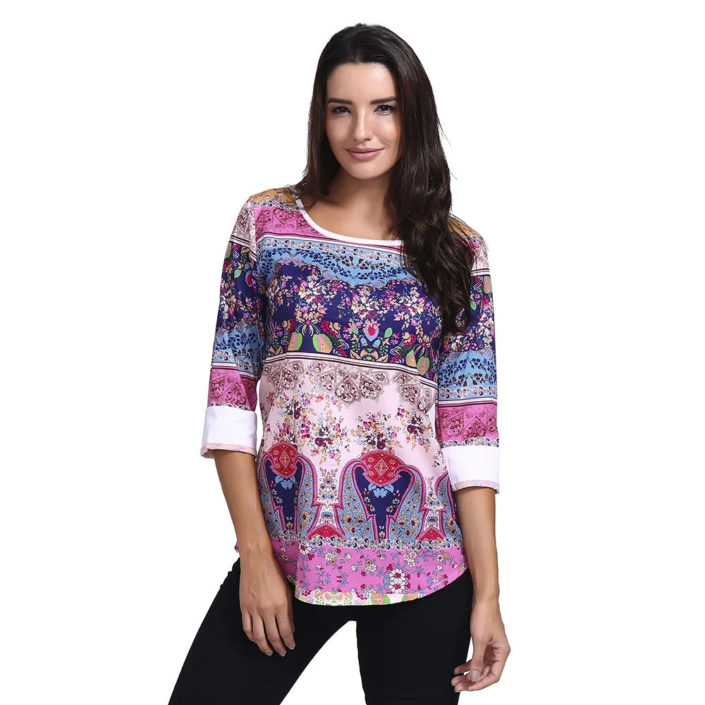 

Fashion Women Autumn Pullover T Shirt Top Vintage Print O-Neck Three Quarter Sleeve Tee Shirt Fashion Women's T-Shirts 2019