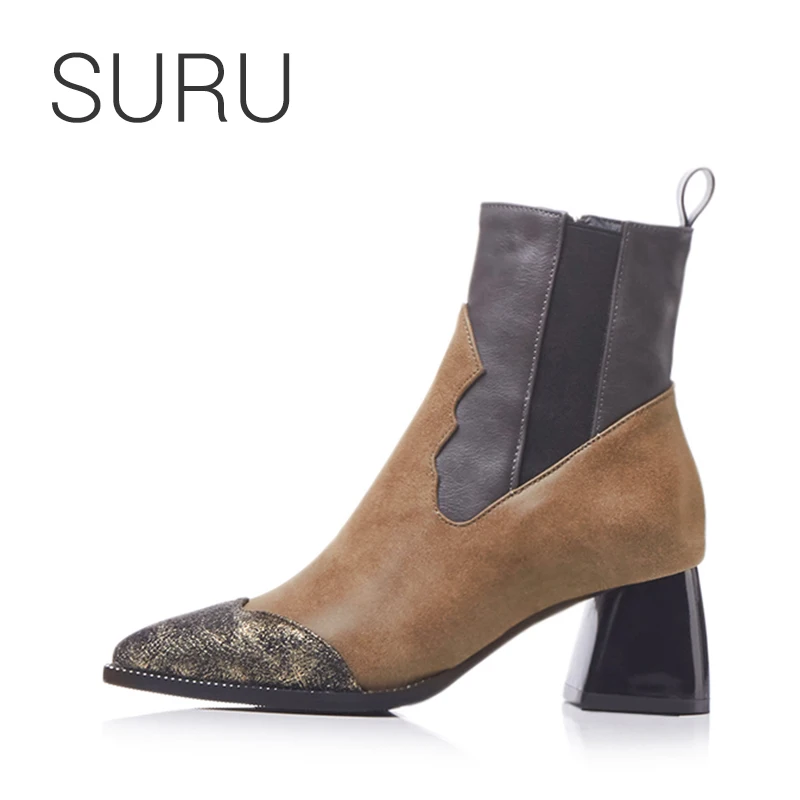 

SURU Ladies Parchwork Side Zip Ankle Western Boots For Womdn Flare Heels Winter Plush Boots Plus Big Or Small Size 32-48