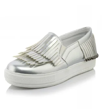 

Fashion Vintage Tassel Platform Single Shoes Round Toe Low-Top Vogue All-Match Women Loafers Sliver Black Flat Shoes Size11.5