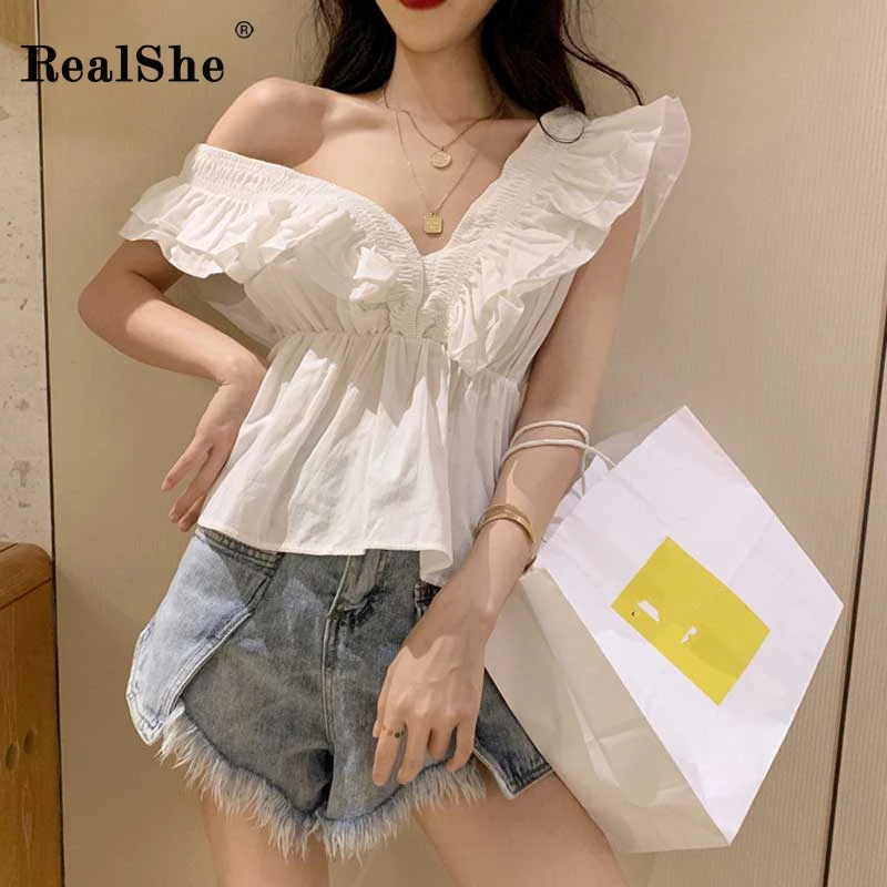  RealShe New Shirt Ladies V-Neck Sleeveless Backless Ruffles Blouse And Shirts Ladies Spring Summer 