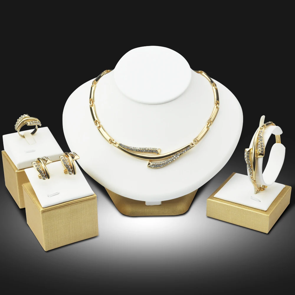 Dubai Gold Plated Jewelry Sets Nigerian Wedding African Beads Crystal Bridal Jewellery Set Rhinestone Ethiopian Jewelry
