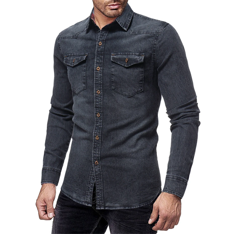TANG черная джинсовая рубашка мужская повседневная Облегающая рубашка с длинным рукавом Осень хлопок джинсовая рубашка мужская одежда Большие размеры