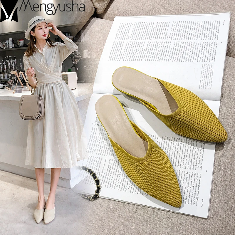 

Mules shoes knitting breathable slippers woman summer strange heels slides pointed toe femme flip flops casual zapatos mujer2019