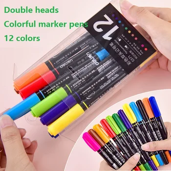 

12Pcs Colorful Double Sides Marker Pen 0.5mm And 1.0mm Instant Dry Do Not Fade Oil Type Permanent School Drawing Kids Deli S571