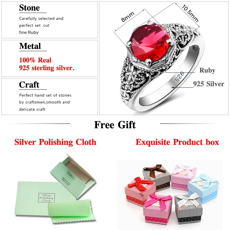 Szjinao Classic Prong Engraved Garnet Ring Flower Vine Leaf Design Solid 100% 925 Sterling Silver Women's Rings Fine Accessories