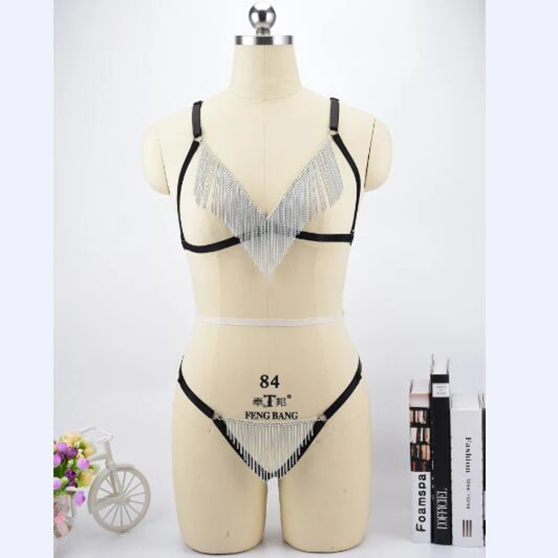 Хит продаж сексуальное бикини личности кисточкой тела отделка Сеть привлекательность галстук эластичный комплект с бюстгальтером