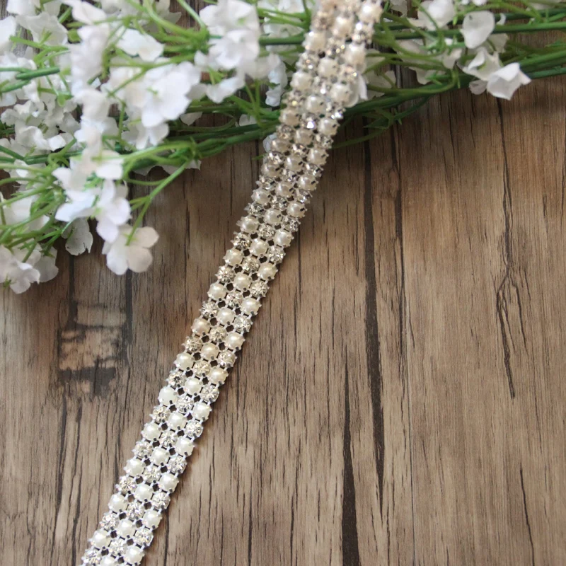 

Free Shipping 10 yards 3rows Crystal Rhinestone&Pearl Mesh Trim Bridal Sash Wedding Applique Rhinestone Banding LSRT12191-2