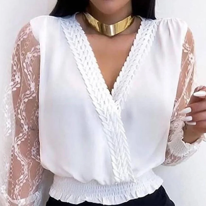  Women's White Deep V-Neck Lace Tunic Tshirt Tops Lantern Long Sleeve Patchwork Sexy Woman Shirt 201