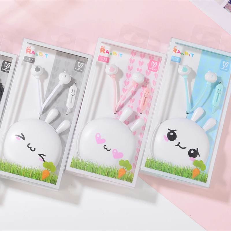 Cute emoji Rabbit Earphones 3.5mm in-ear Stereo Wired Earbuds with mic Earphone Case for Kids iPhone Xiaomi Girls MP3 Gifts