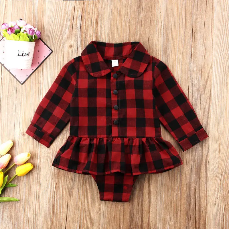 

Newborn Baby Girls Black and Red Plaid Bodysuits Long Sleeve Peter Pan Collar Outfits Clothes Summer Fashion