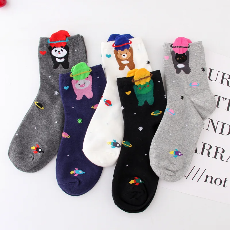 Женские носки, хлопок, мультяшный дикий гигантский панда, лягушка, коричневый медведь, Вселенная, жаккардовые Праздничные Носки, белые, черные, другие