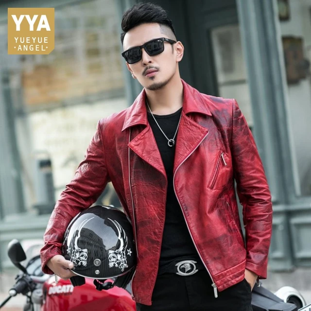 Chaqueta de cuero genuino de piel de oveja para hombre, abrigo ajustado para motocicleta, de diseñador Punk, color rojo, 4XL, novedad de 2022 _ - AliExpress