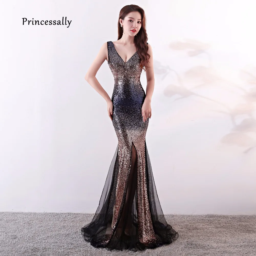 

Sequin Mermaid Evening Dresses Sexy V neck Sleeveless Color Fade Sparkly Mermaid Dress Formal Prom Party Gown Robe De Soriee