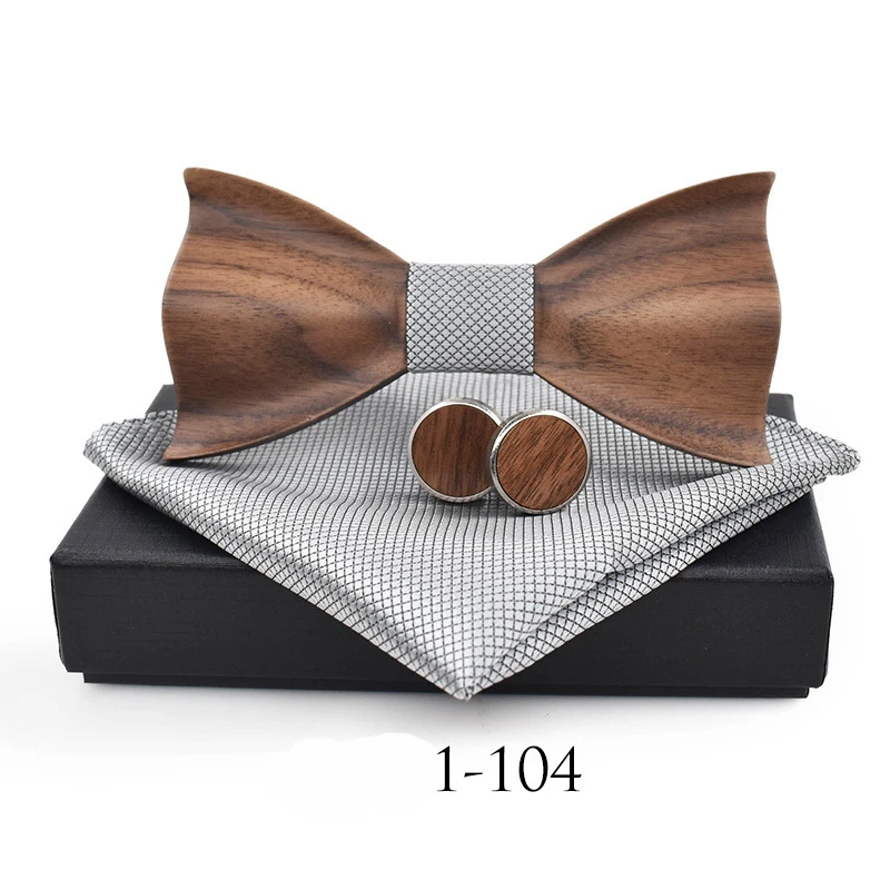  Mantieqingway Business Wood Bowtie Handkerchief Cufflinks Sets for Mens Wedding Shirt Wooden Bow Ti