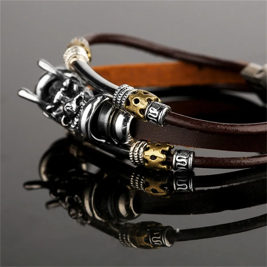 Antique Stainless Steel Dragon Head Design Brown Genuine Leather Rope Chain Men Women Bracelets Bohemia Charm Gift (9)