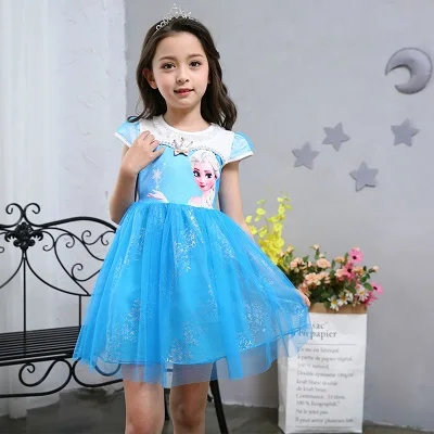 Новое платье для девочек Летняя брендовая одежда для маленьких девочек кружевное платье принцессы Анны и Эльзы вечерние костюмы Снежной Королевы на Хэллоуин - Цвет: blue