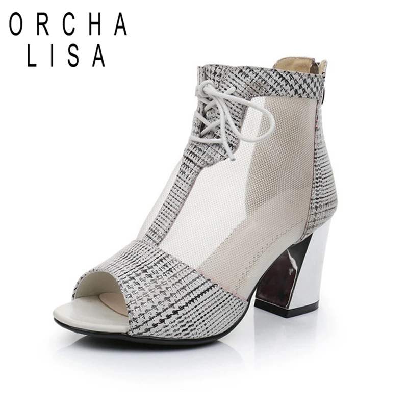 

ORCHA LISA Mesh Genuine Leather Summer Ankle Boots Women Peep Toe Footwerar Female 7cm High Heels Lace up Outdoor Sandals Black