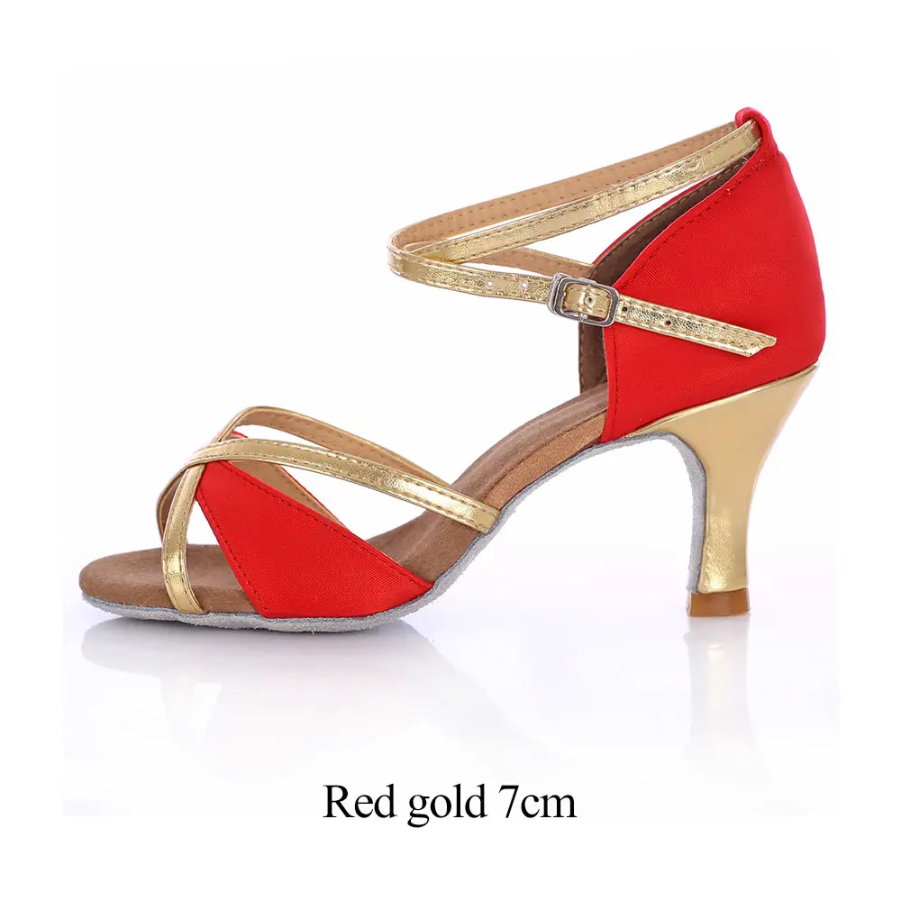 Женская обувь для латинских танцев, профессиональная обувь для девочек, Женская Обувь для бальных танцев, Танго, сальсы, танцевальная обувь на каблуке 5 см/7 см, черный/красный цвет - Цвет: Red gold 7cm