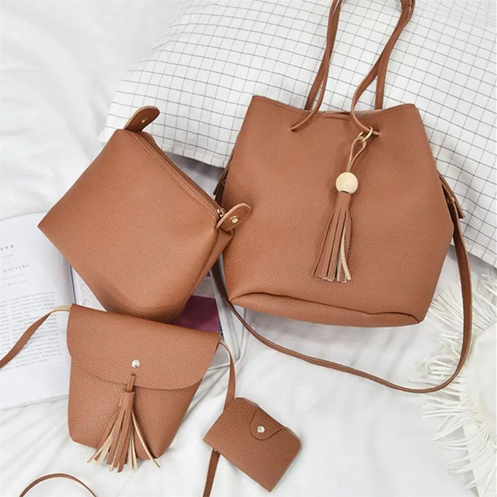 

4Pcs Women Casual Leather Top-handle Handbag Tassel Shoulder Bag Tote Ladies Messenger Crossbody Bag Composite Bag Clutch Wallet