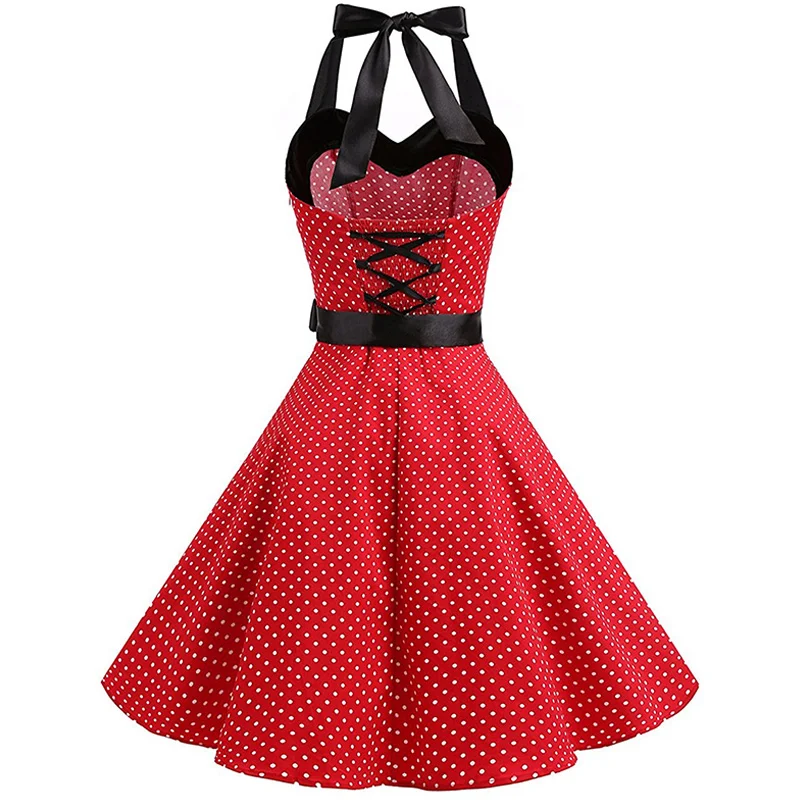 Kostlich Summer Dot Dress Sexy Halter Backless Women Vintage Dress Swing Elegant Party Dresses Plus Size Sashes With Bow Tie (13)