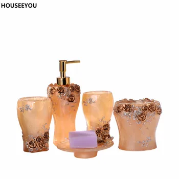 

Floral Elegant Rose Resin Bathroom Accessories Set Fadeless Lotion Dispenser Toothbrush Holder Gargle Cup Soap Dish 5PCS/set