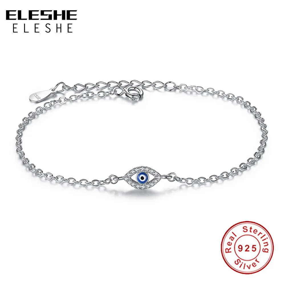 ELESHE Brand Link Chain Clear CZ Bracelet 925 Sterling Silver Blue Lucky Eye Crystal Charm Bracelet for Women Pulseira Jewelry