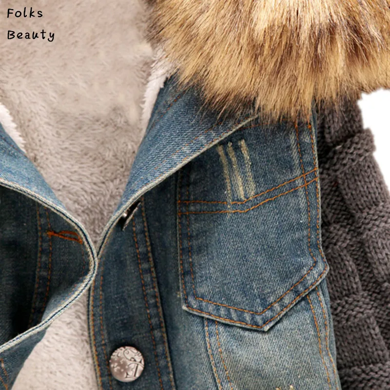 2017 New women's Autumn Denim Jacket Women winter Coat slim yarn large fur collar lamb cotton denim outerwear jeans 4XL