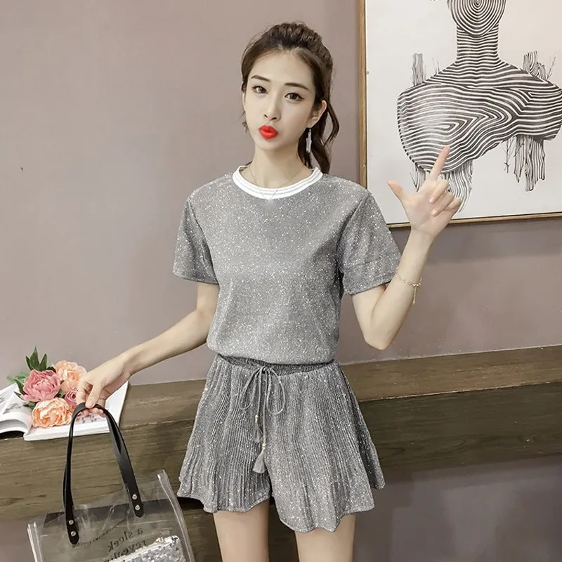 

New Summer Women Casual Sliver Tops Wide Leg Shorts Fashion High Waist Lace Up Shorts 2 Piece Set Loose Beach Club Bright Suit