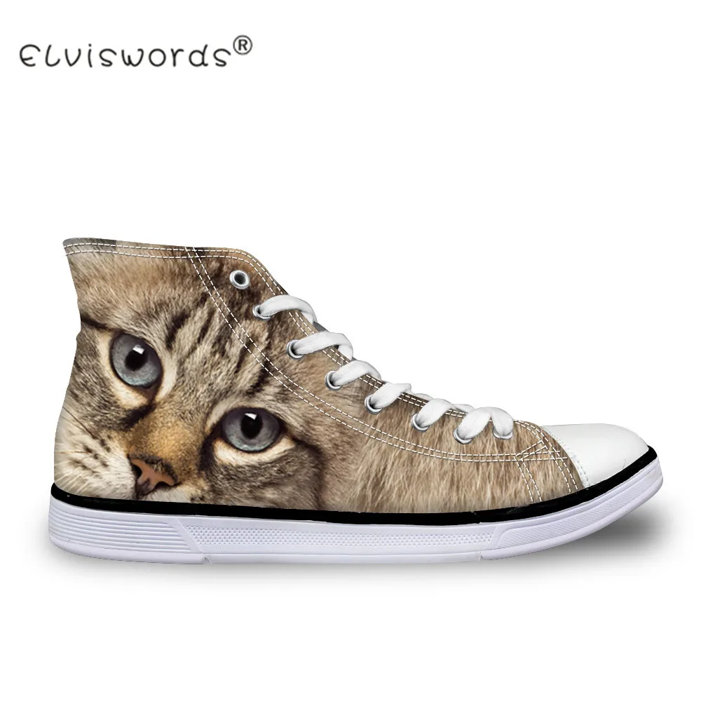 

ELVISWORDS Cute 3D Animal Cat Printed Women Vulcanized Shoes Casual High Top Canvas Shoes for Female Lace up Flats Zapatos Mujer