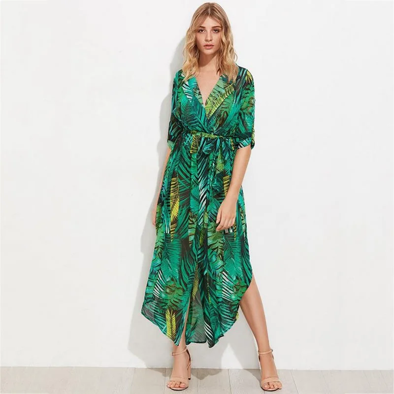 

Women Summer Sexy V Neck Chiffon Dress Long Vestidos Verano 2018 Green Leaf Print Split Dress Autumn Party Beach Dress Vestido