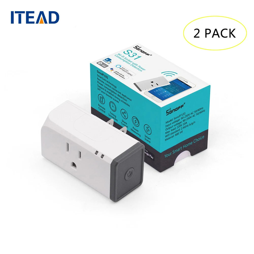 

SONOFF 2pcs S31 Smart Remote Control Socket wireless Wall Socket Timing Function Monitor US Work with Alexa Nest Google Home