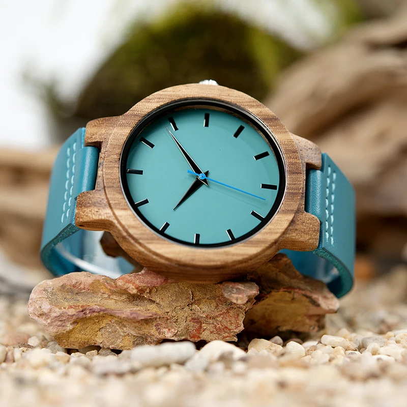 BOBO BIRD Lovers Watch Men Elegant Turquoise Blue Leather Watches Women Stylish Quartz Wristwratch reloj mujer C-C28