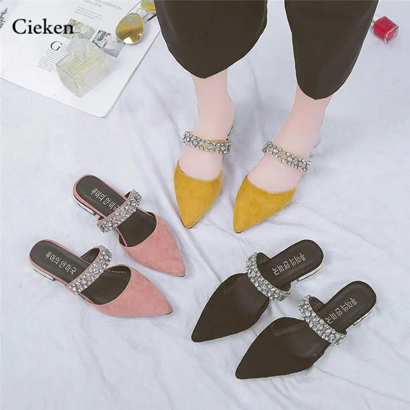 

women low heel shoes Fashion Casual Point Toe Crystal Work Shoes Ladies Square Heel Shoes chaussure femme talon Slippers @W