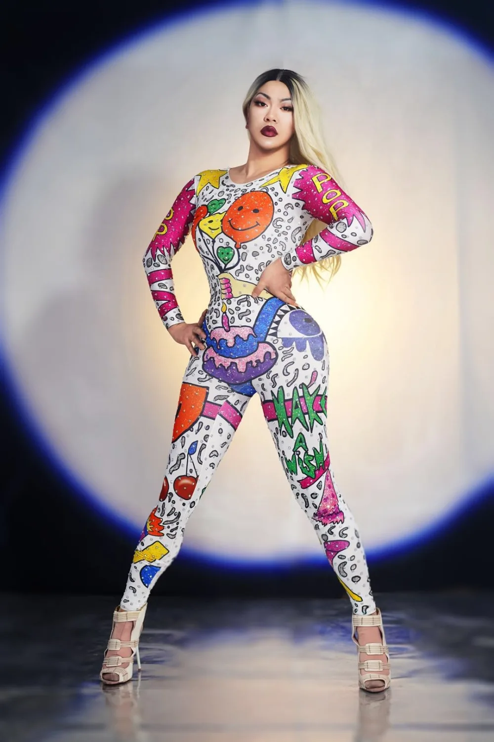 Мультфильм каракули комбинезон наряд женский для выступления певца праздничная одежда танцевальный костюм боди Пром шоу леггинсы
