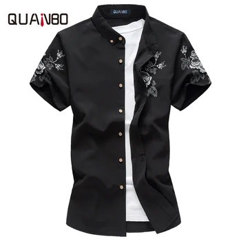 

QUANBO Men Shirt 2018 New Arrivals Summer Male Casual Short sleeve shirt Fashion Chinese Style Stand Collar Flower Shirts 6XL