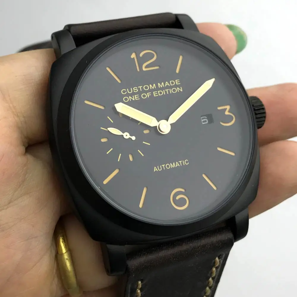 

Seagull automatic movement 47MM PVD black stainless steel case watch pointer can work luminous hand leather strap 54-4