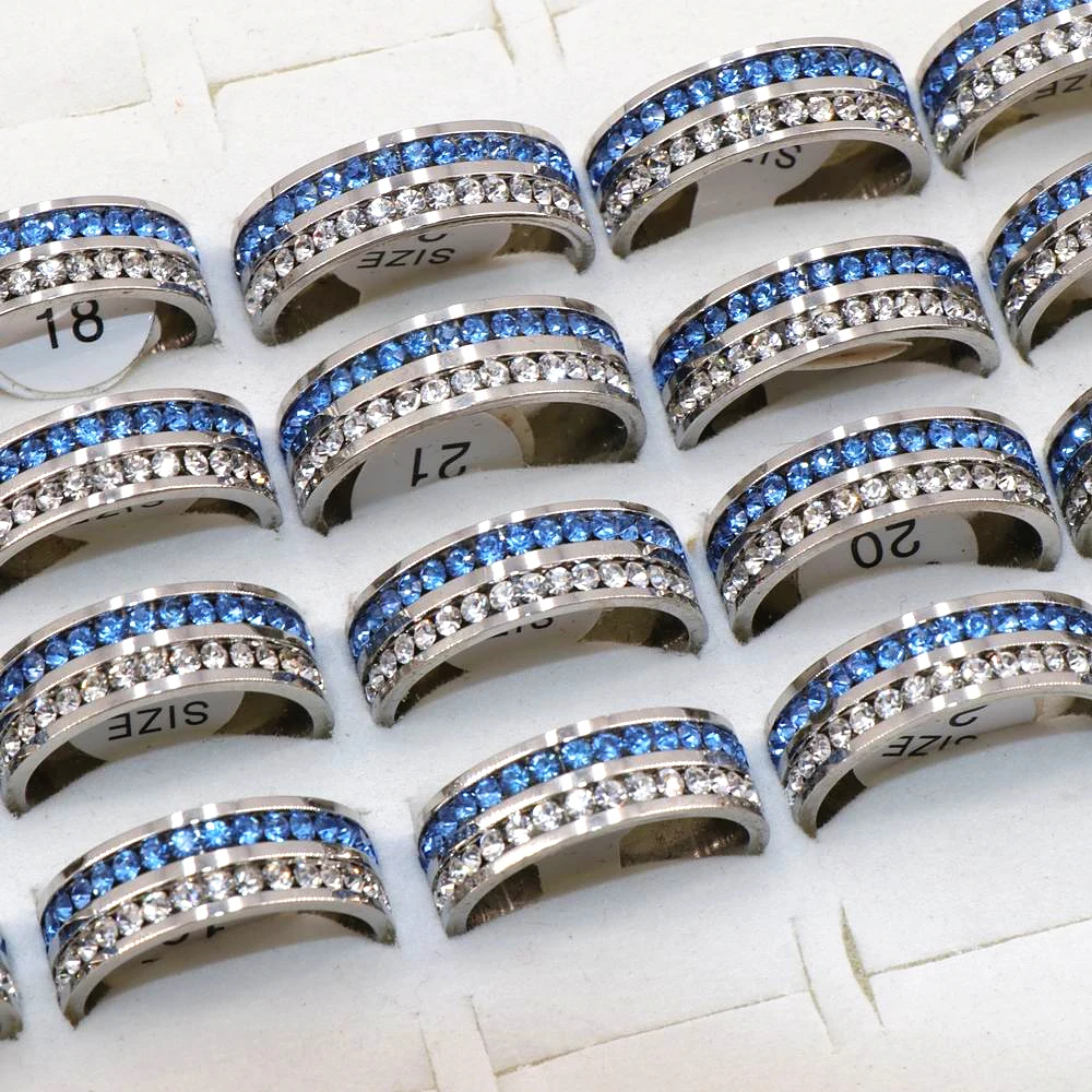 Wholesale 36pcs/lot Blue Rhinestones Stainless Steel Rings Fashion Women Wedding Party Ring Polished Inside#RSR081001