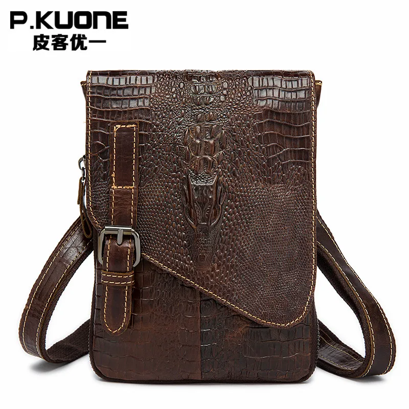 

P.KUONE Casual Genuine Leather Men Messenger Bag Designer Brand Fashion Alligator Crossbody High Quality Small Men Shoulder Bag