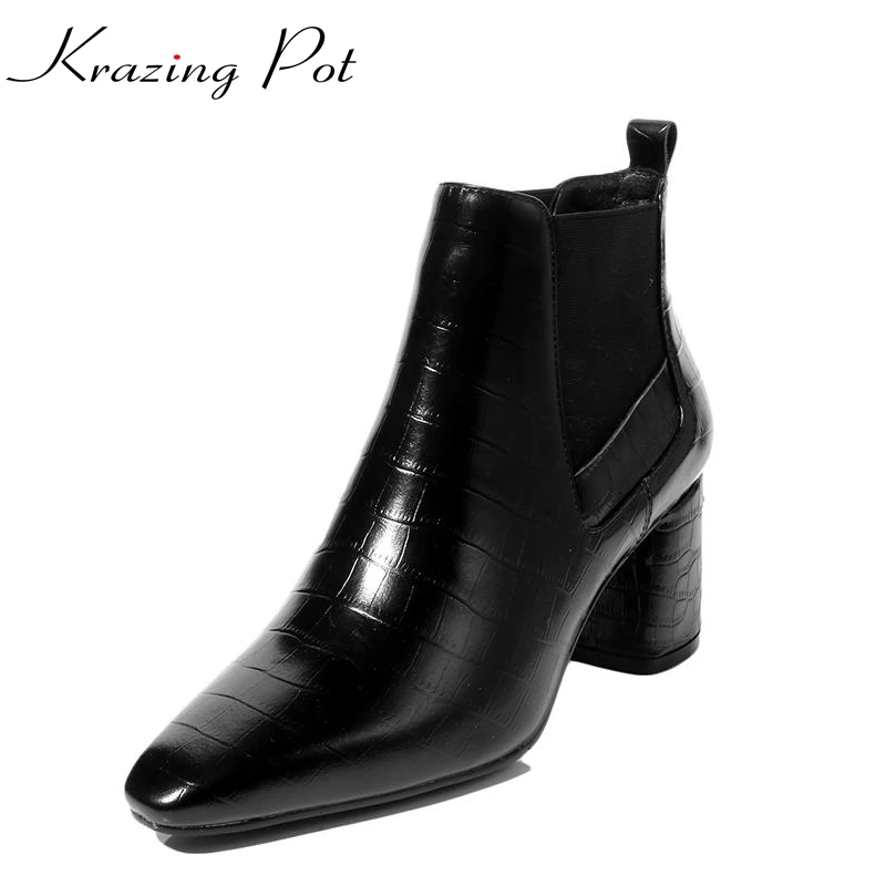 

Krazing Pot 2018 high street fashion cow leather winter boots high heels square toe streetwear office lady nude ankle boots L16