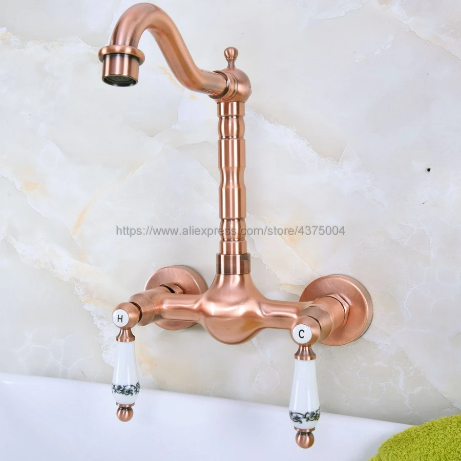 Antique Red Copper Wall Mounted Kitchen Bathroom Sink Faucet Dual Handle Swivel Spout Hot Cold Water Tap Nnf951