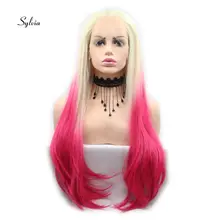 Sylvia блонд к красному Омбре Натуральные Прямые парики синтетические парики на шнурках спереди термостойкие волокна Омбре волосы парики для женщин