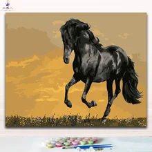 Бегущий черный большой картины лошади картины цвета краски по номерам на холсте с комплектами пакет для взрослых снятие стресса