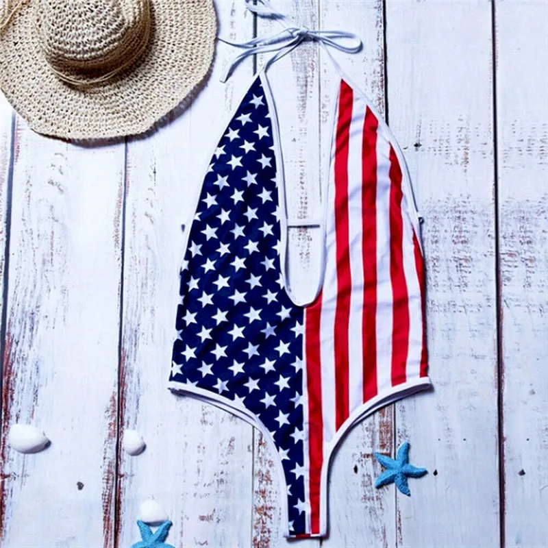 

2019 Sexy Deep V Flag Backless Swimwear Thong Bandage suit Female Swimsuit Beach Swimwear Bikini Bathing Suit