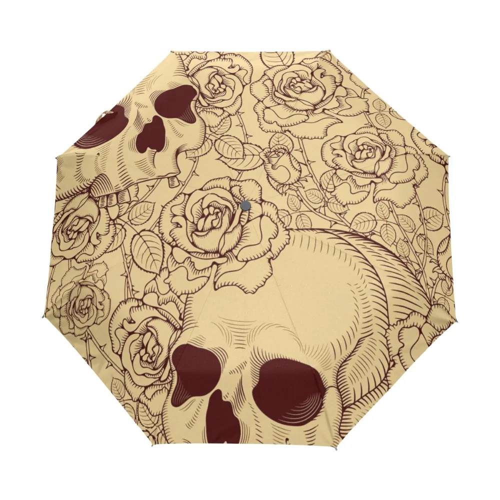 

Fully Automatic Wind Resistant Umbrella the Fashion Element Flower Skull Umbrella Women Sun Rain Anti UV Folding Umbrellas